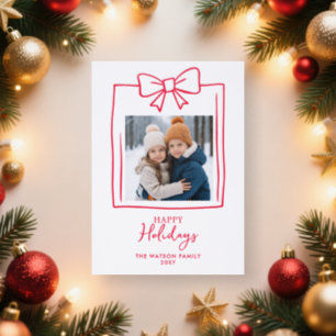 Doodle Christmas 4 Photo Hand-Drawn Bow Ribbon Letterpress Photo Cards