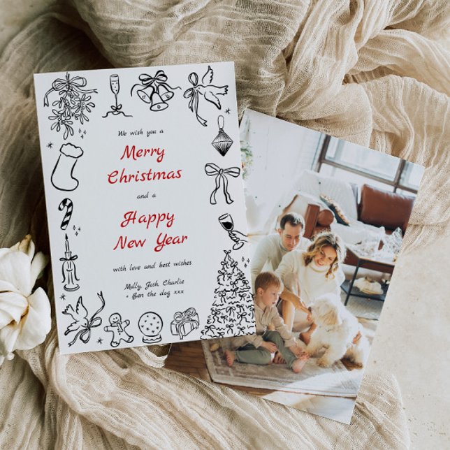 Doodle Christmas Card Photo Hand Drawn Holiday Red (Creator Uploaded)