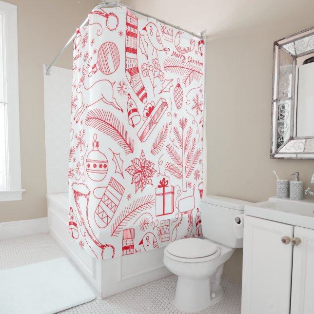 Doodle Christmas pattern red Shower Curtain (In Situ)