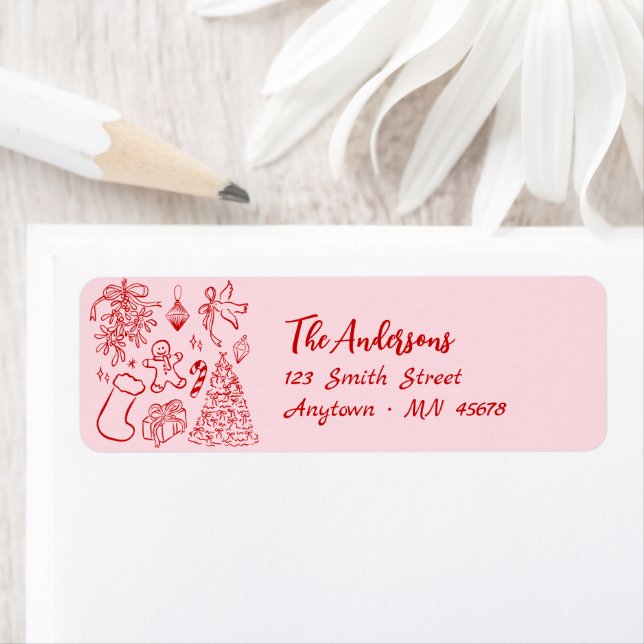 Doodle Christmas Return Address Label Holiday Pink (Insitu)