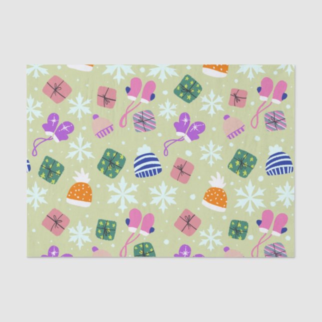 Doodle Christmas Winter Gloves Gifts Hats Green Tissue Paper (Front)