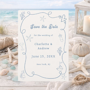 Doodle coastal beach dusty blue cream wedding save the date