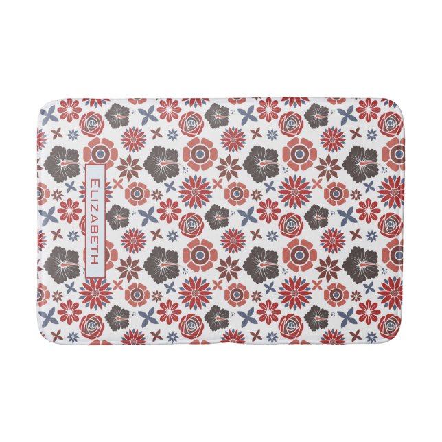Doodle colorful floral pattern personalized name  bath mat (Front)