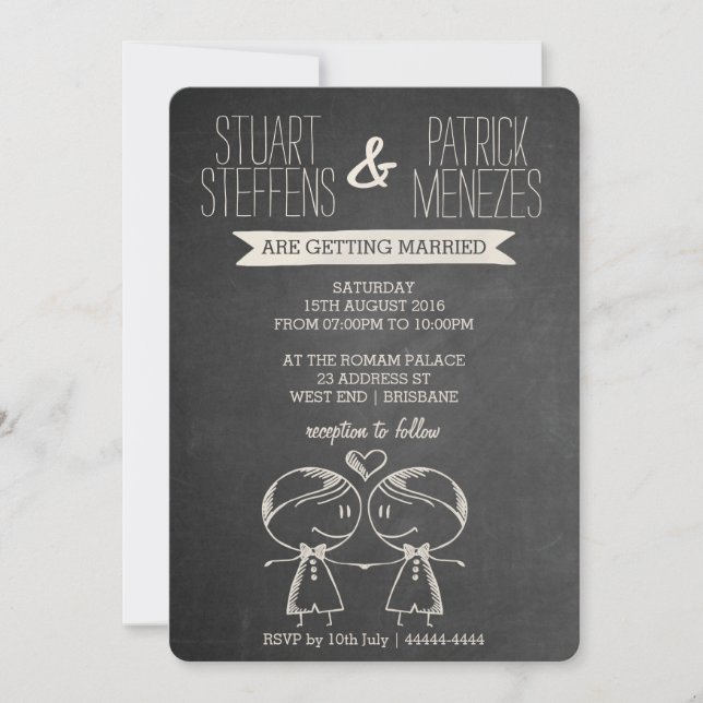 Doodle Couple on Blackboard Gay Wedding Invitation (Front)