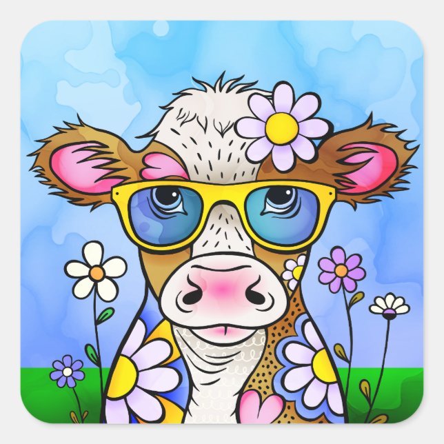 Doodle Cow Portrait Square Sticker (Front)