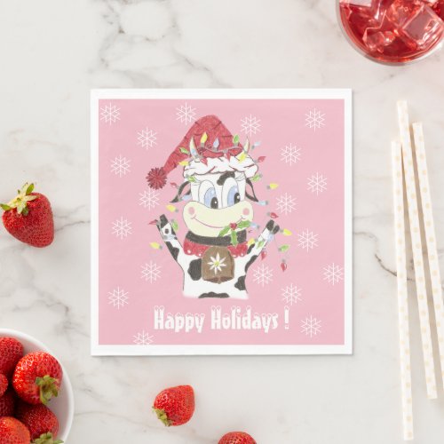 Doodle Cow with Christmas Lights Pink Paper Napkin