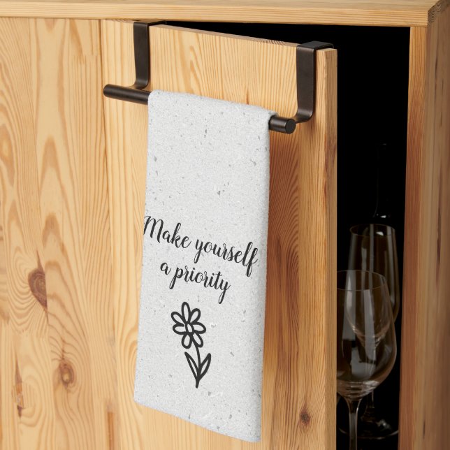 Doodle Daisy and Quote on Terrazzo Kitchen Towel (Thirds Fold)
