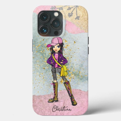 Doodle Dark Hair Fashionable Girl Name iPhone 13 Pro Case