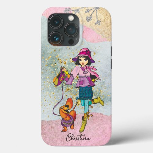 Doodle Dark Hair Girl with Dog Name iPhone 13 Pro Case