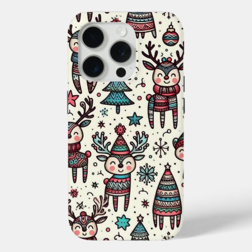 Doodle Deer Delight Merry Christmas Greetings iPhone 15 Pro Case