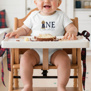 Doodle Dog First Birthday Vintage Americana Plaid  Baby Bodysuit