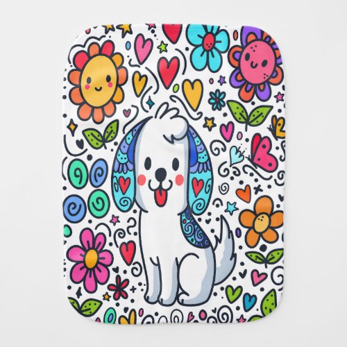 Doodle Dog Flowers Hearts And Butterflies Baby Burp Cloth