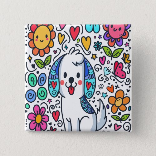 Doodle Dog Flowers Hearts And Butterflies Button