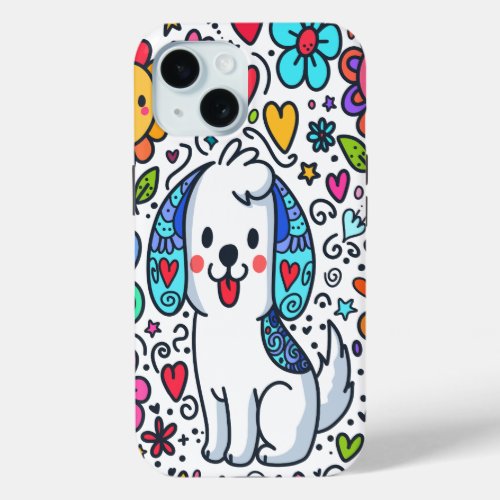 Doodle Dog Flowers Hearts And Butterflies iPhone 15 Case