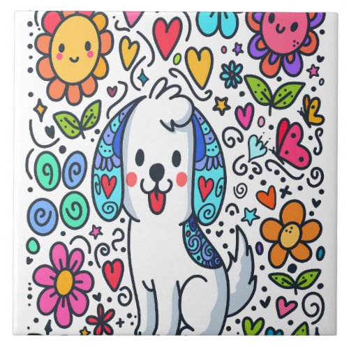 Doodle Dog Flowers Hearts And Butterflies Ceramic Tile