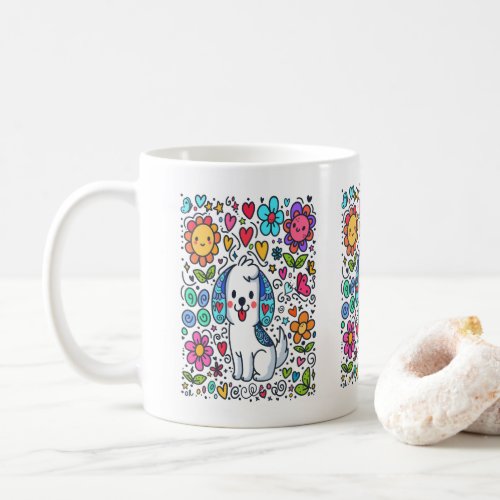 Doodle Dog Flowers Hearts And Butterflies Coffee Mug