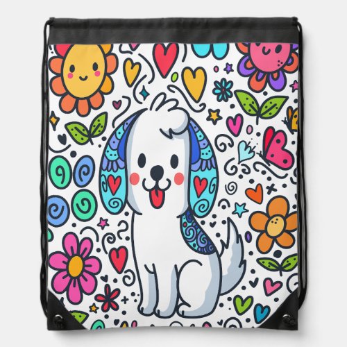 Doodle Dog Flowers Hearts And Butterflies Drawstring Bag