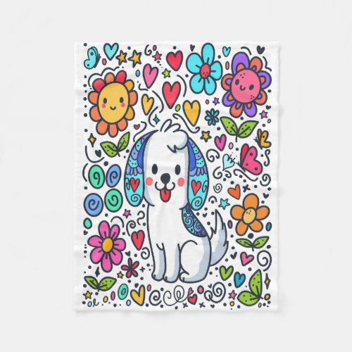 Doodle Dog Flowers Hearts And Butterflies Fleece Blanket