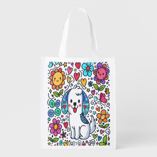 Doodle Dog Flowers Hearts And Butterflies Grocery Bag