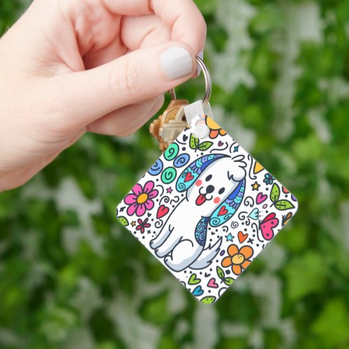 Doodle Dog Flowers Hearts And Butterflies Keychain