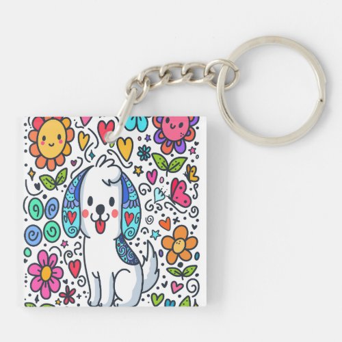 Doodle Dog Flowers Hearts And Butterflies Keychain