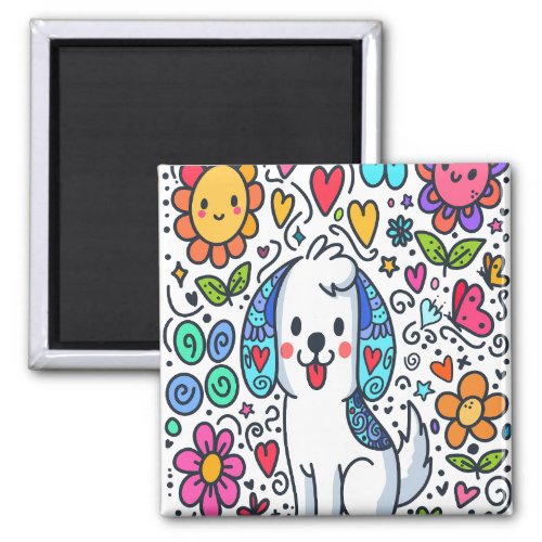 Doodle Dog Flowers Hearts And Butterflies Magnet