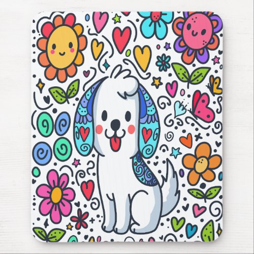 Doodle Dog Flowers Hearts And Butterflies Mouse Pad