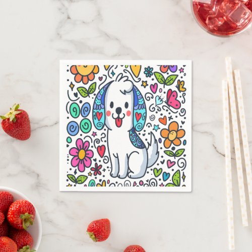 Doodle Dog Flowers Hearts And Butterflies Napkins