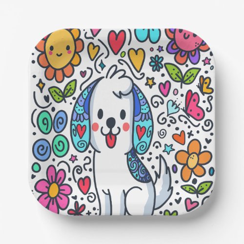 Doodle Dog Flowers Hearts And Butterflies Paper Plates