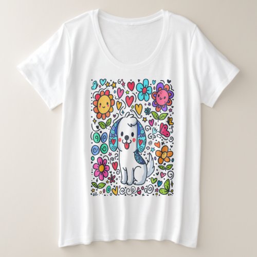 Doodle Dog Flowers Hearts And Butterflies Plus Size T_Shirt