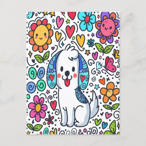 Doodle Dog Flowers Hearts And Butterflies Postcard