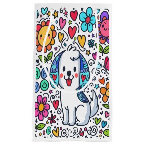 Doodle Dog Flowers Hearts And Butterflies Small Gift Bag