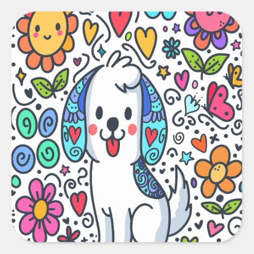 Doodle Dog Flowers Hearts And Butterflies Square Sticker
