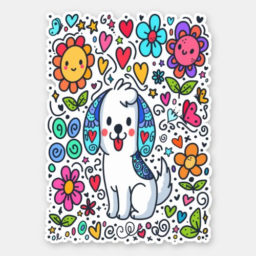 Doodle Dog Flowers Hearts And Butterflies Sticker