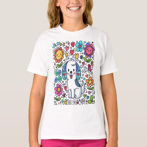 Doodle Dog Flowers Hearts And Butterflies T_Shirt