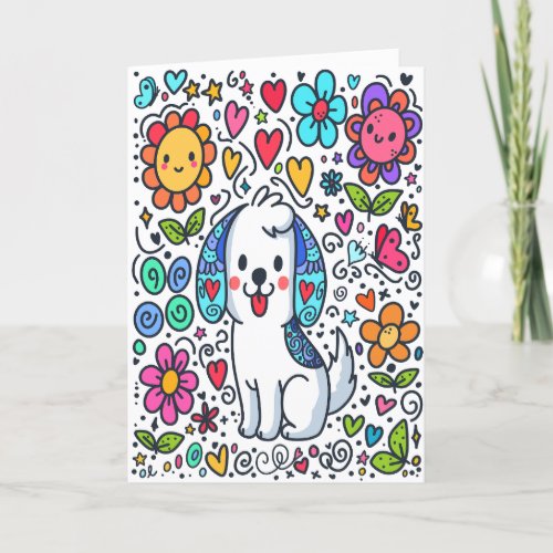 Doodle Dog Flowers Hearts And Butterflies Thank You Card