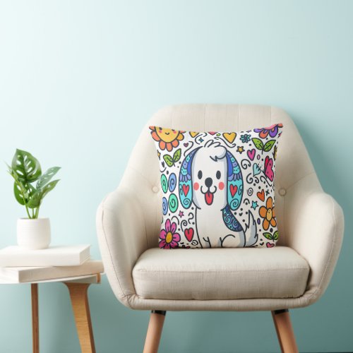 Doodle Dog Flowers Hearts And Butterflies Throw Pillow