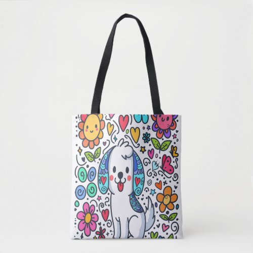 Doodle Dog Flowers Hearts And Butterflies Tote Bag