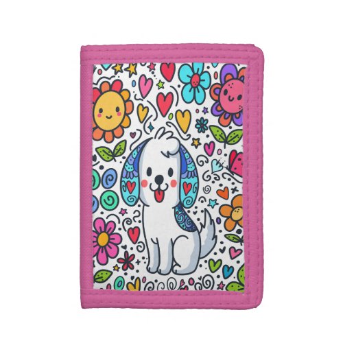 Doodle Dog Flowers Hearts And Butterflies Trifold Wallet