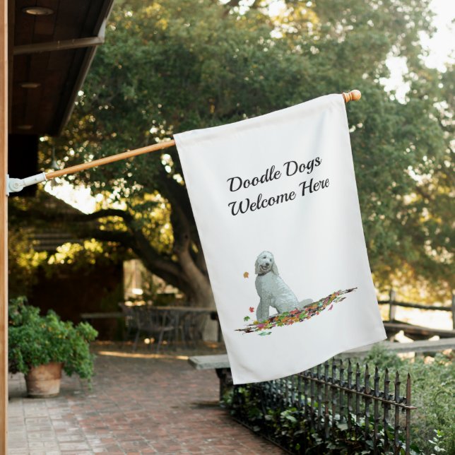 Doodle Dog In Leaves House Flag (In SItu)