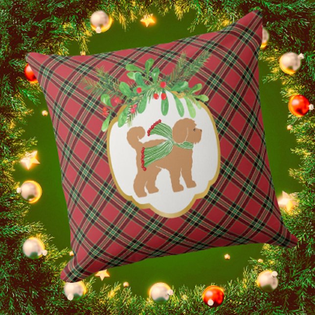 Doodle Dog Red Christmas Plaid Holiday  Throw Pillow (Too cute! )