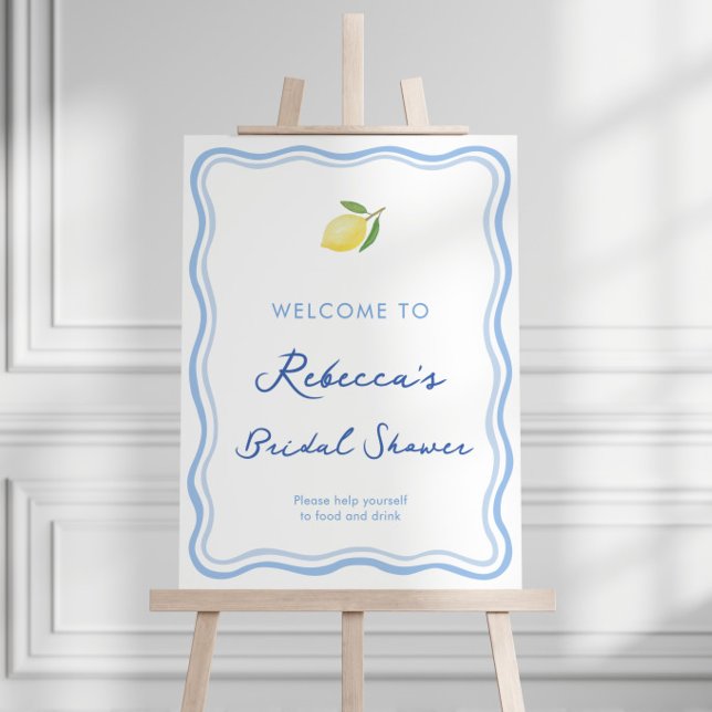 Doodle Dolce Vita Lemon Shower Welcome Sign (Dolce Vita wavy border blue and white lemons citrus bridal shower or baby shower welcome sign)