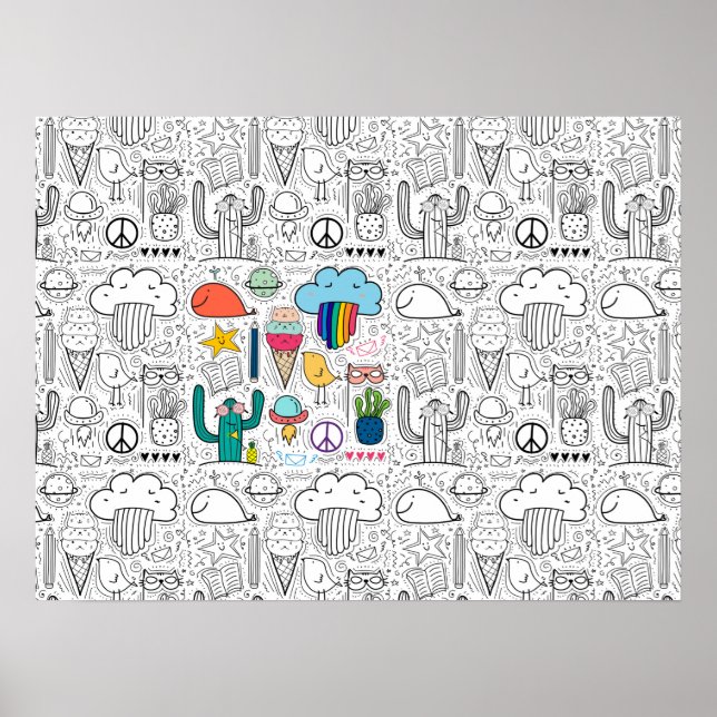 Doodle Drawings for Coloring, Cats, Clouds, Cactus Poster (Front)