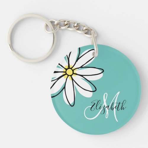 Doodle Drawn Daisy White Pink Monogram Cute Keychain