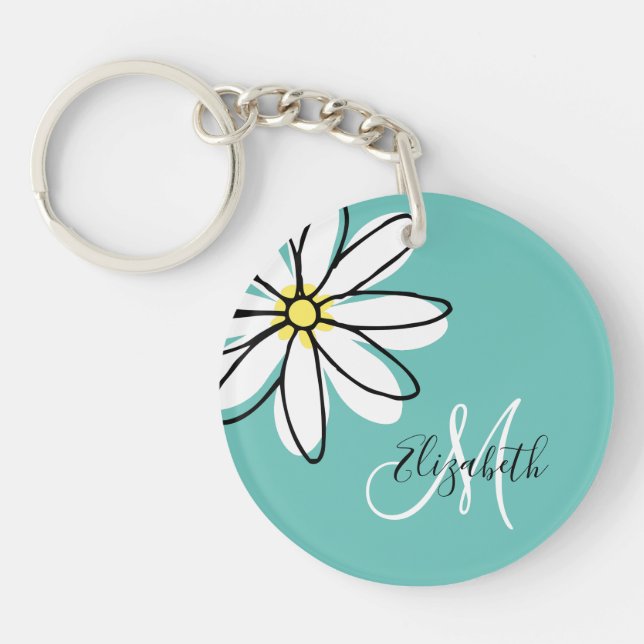 Doodle Drawn Daisy White Pink Monogram Cute Keychain (Front)