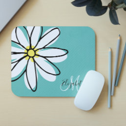 Doodle Drawn Daisy White Pink Monogram Cute Mouse Pad