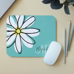 Doodle Drawn Daisy White Pink Monogram Cute Mouse Pad