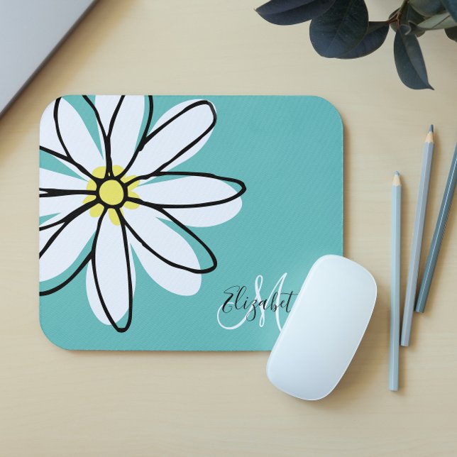 Doodle Drawn Daisy White Pink Monogram Cute Mouse Pad (Creator Uploaded)