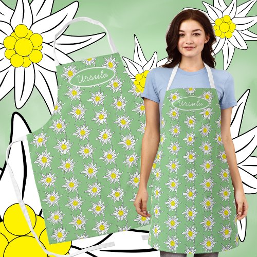 Doodle Edelweiss Flower Print Light Green Apron