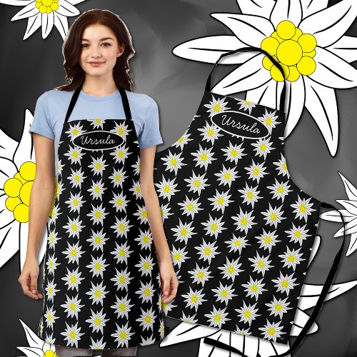 Doodle edelweiss print black apron